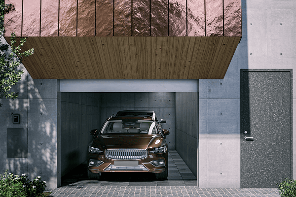 Green and copper shape a scene for cherished cars, a space enriched by time.